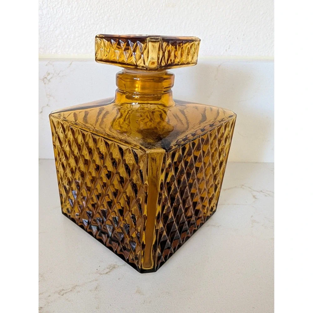 Vintage Amber Glass Decanter Diamond Point Square Bottle with Stopper MCM Honey